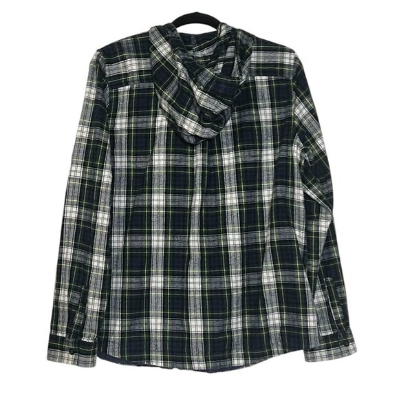 L.L. Bean Scotch Zip Up Flannel Hooded Plaid Green Blue White Size Medium Fall - Picture 2 of 10